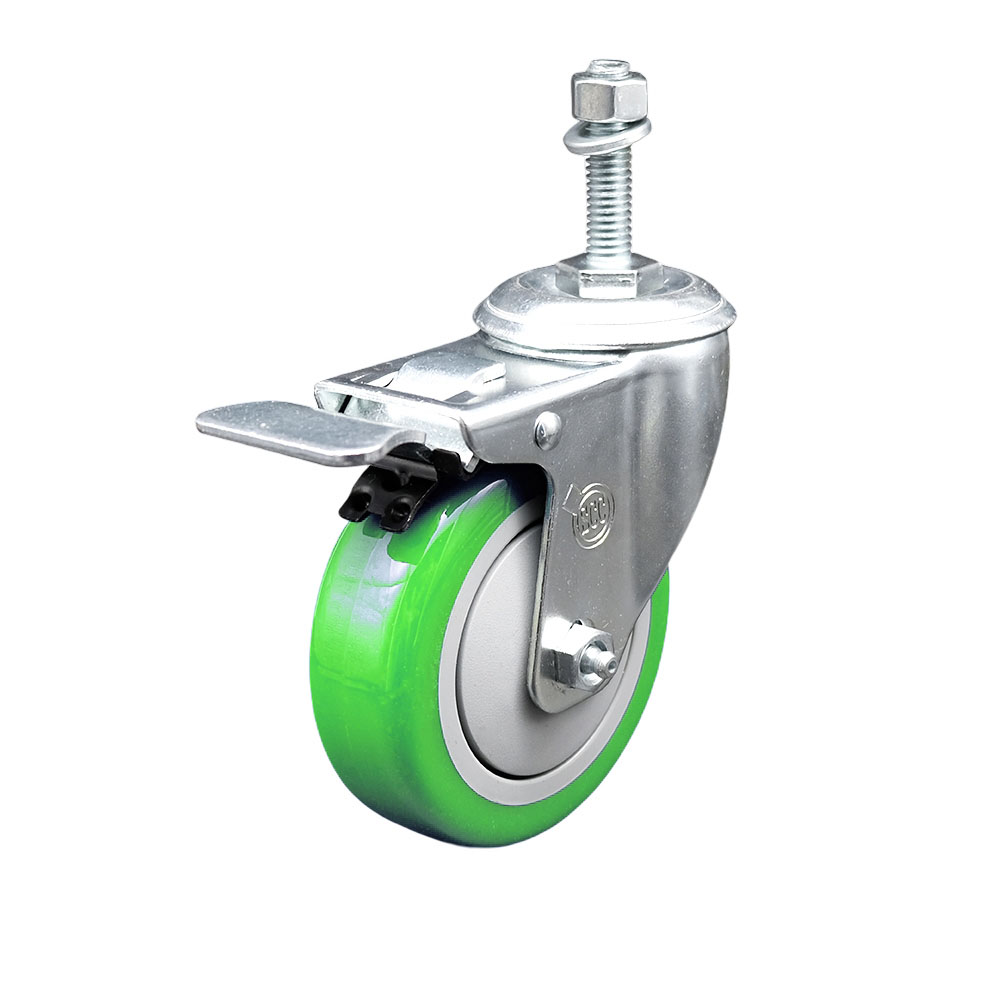 4" Swivel Caster with 3/8" Threaded Stem, Green Polyurethane Wheel and Total Lock Brake - 350 lbs. Capacity - Service Caster Brand — photo 1