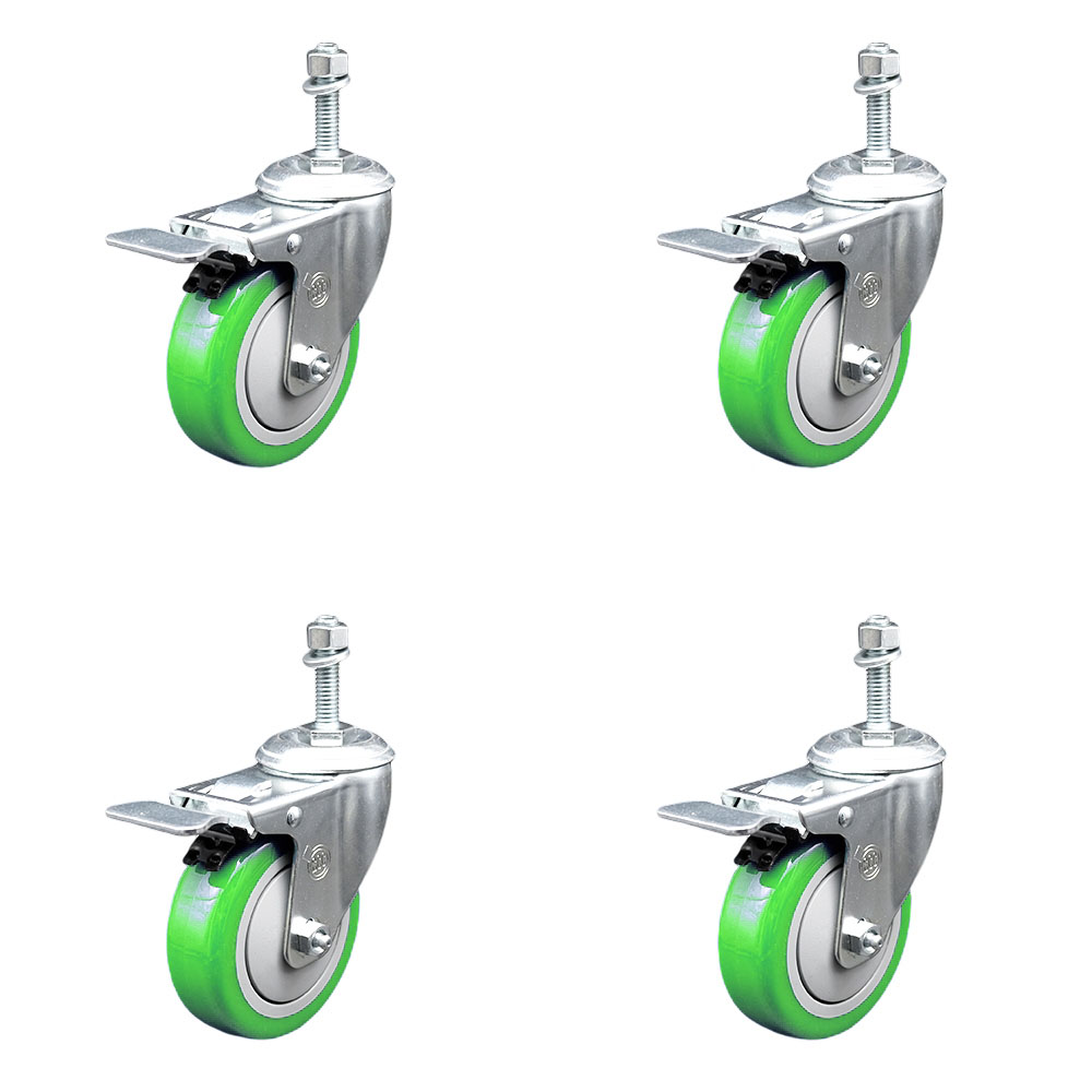Polyurethane Swivel Threaded Stem Caster Set of 4 w/4" x 1.25" Green Wheels and 10mm Stems - Includes 4 with Total Lock Brakes - 1400 lbs Total Capacity - Service Caster Brand — photo 1