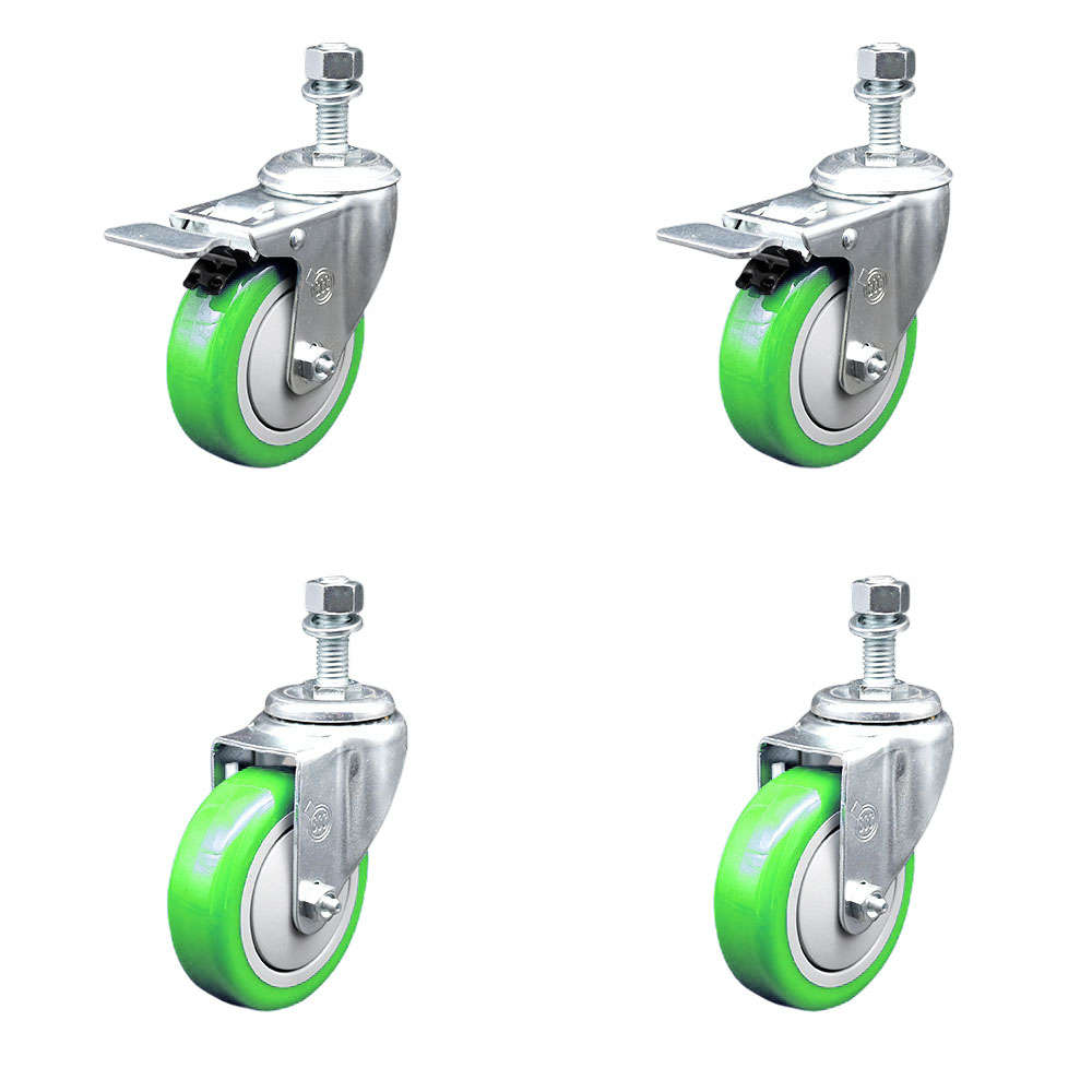Polyurethane Swivel Threaded Stem Caster Set of 4 w/4" x 1.25" Green Wheels and 12mm Stems - Includes 2 with Total Locking Brake - 1400 lbs Total Capacity - Service Caster Brand — photo 1