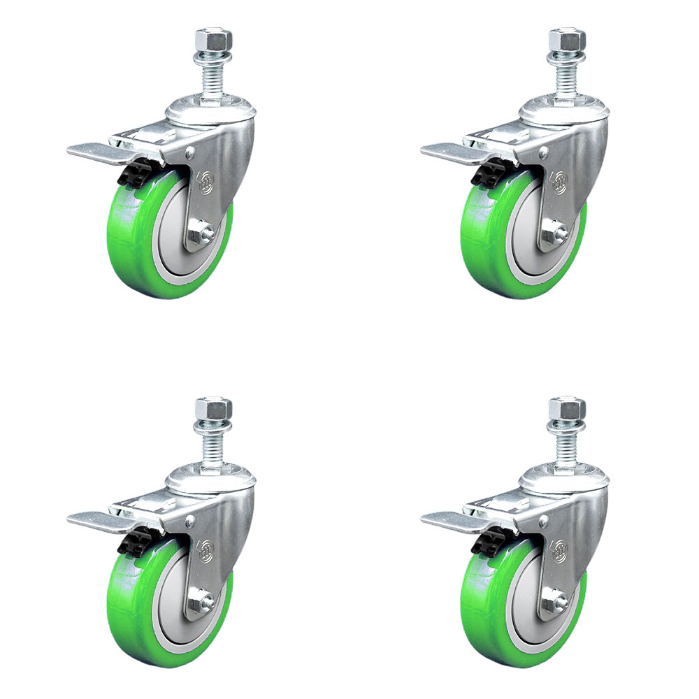 Polyurethane Swivel Threaded Stem Caster Set of 4 w/4" x 1.25" Green Wheels and 12mm Stems - Includes 4 with Total Lock Brakes - 1400 lbs Total Capacity - Service Caster Brand — photo 1