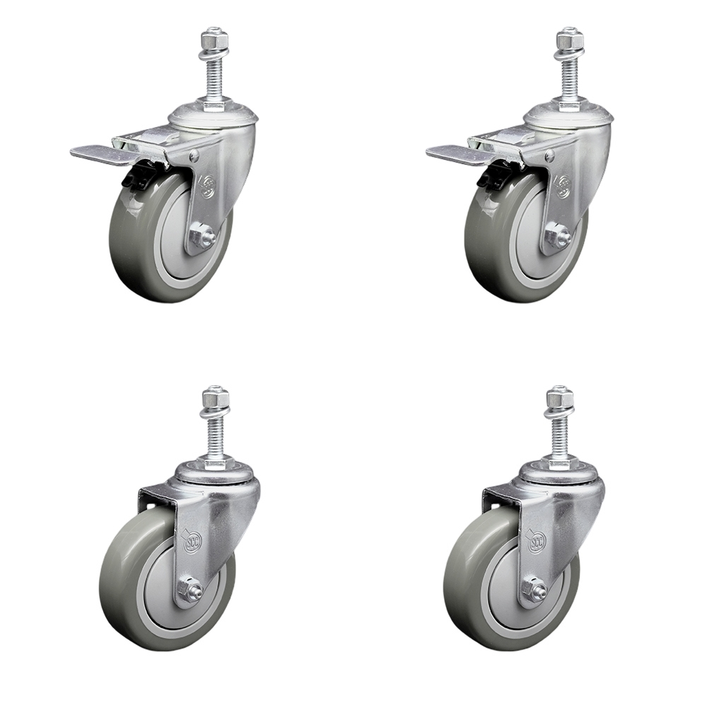 Polyurethane Swivel Threaded Stem Caster Set of 4 w/4" x 1.25" Gray Wheels and 10mm Stems - Includes 2 with Total Locking Brake - 1400 lbs Total Capacity - Service Caster Brand — photo 1
