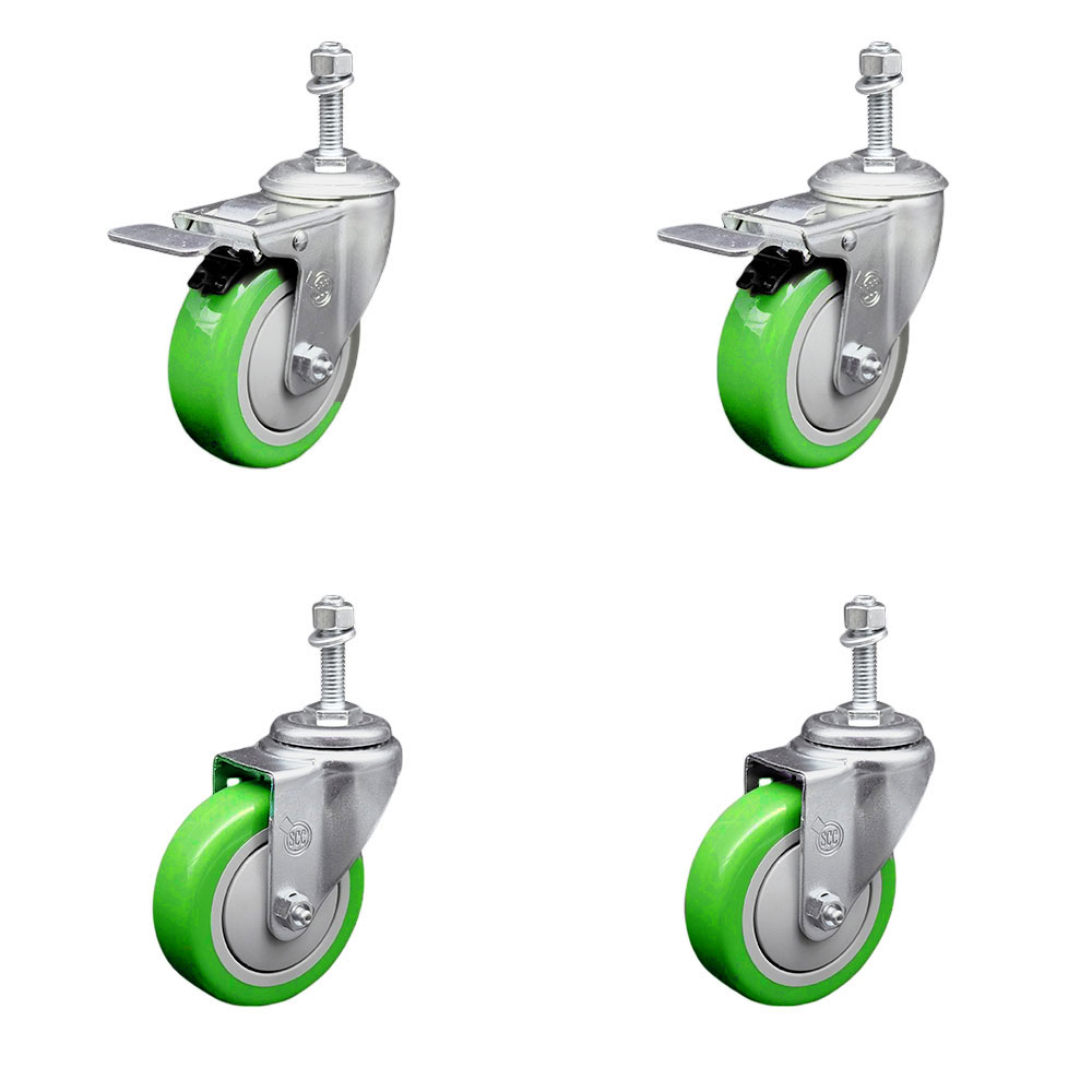 Stainless Steel Polyurethane Swivel Threaded Stem Caster Set of 4 w/4" x 1.25"  Green Wheels and 10mm Stems - Includes 2 with Total Locking Brake - 1400 lbs Total Capacity - Service Caster Brand — photo 1
