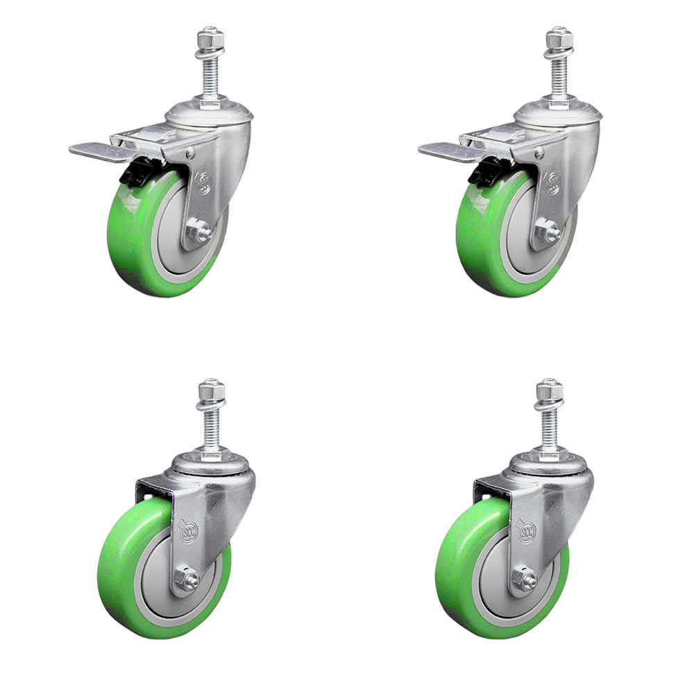 Polyurethane Swivel Threaded Stem Caster Set of 4 w/4" x 1.25" Green Wheels and 10mm Stems - Includes 2 with Total Locking Brake - 1400 lbs Total Capacity - Service Caster Brand — photo 1
