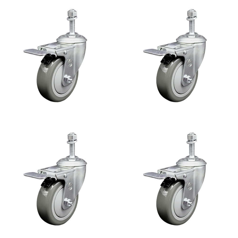 Polyurethane Swivel Threaded Stem Caster Set of 4 w/4" x 1.25" Gray Wheels and 10mm Stems - Includes 4 with Total Lock Brakes - 1400 lbs Total Capacity - Service Caster Brand — photo 1