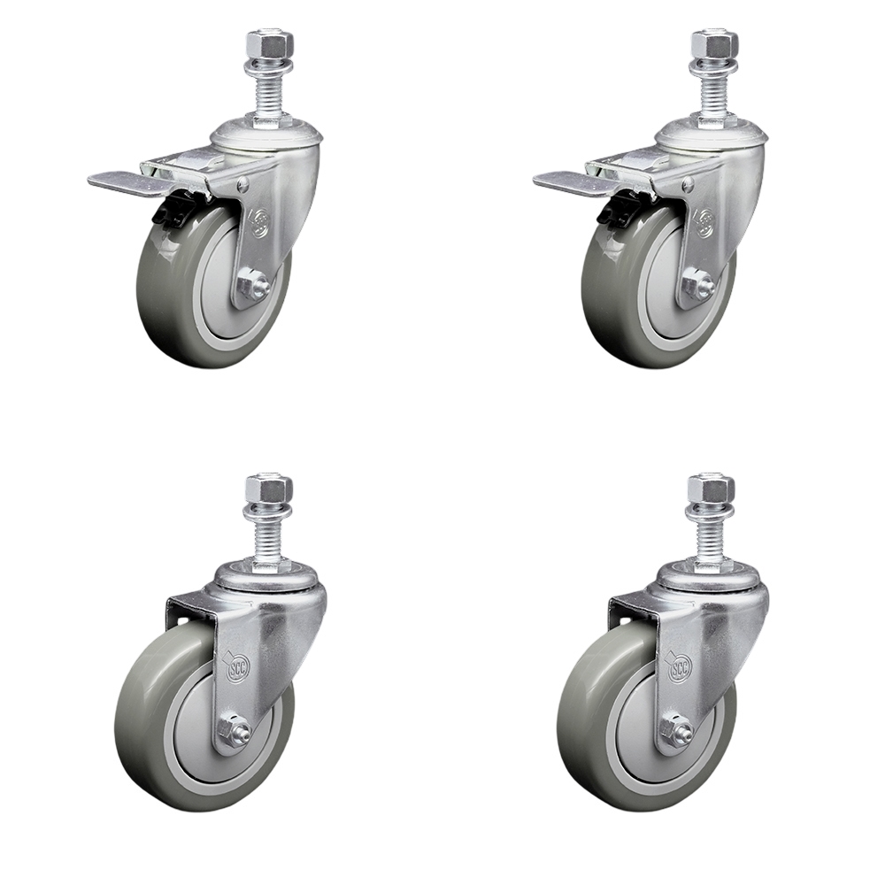 Polyurethane Swivel Threaded Stem Caster Set of 4 w/4" x 1.25" Gray Wheels and 12mm Stems - Includes 2 with Total Locking Brake - 1400 lbs Total Capacity - Service Caster Brand — photo 1