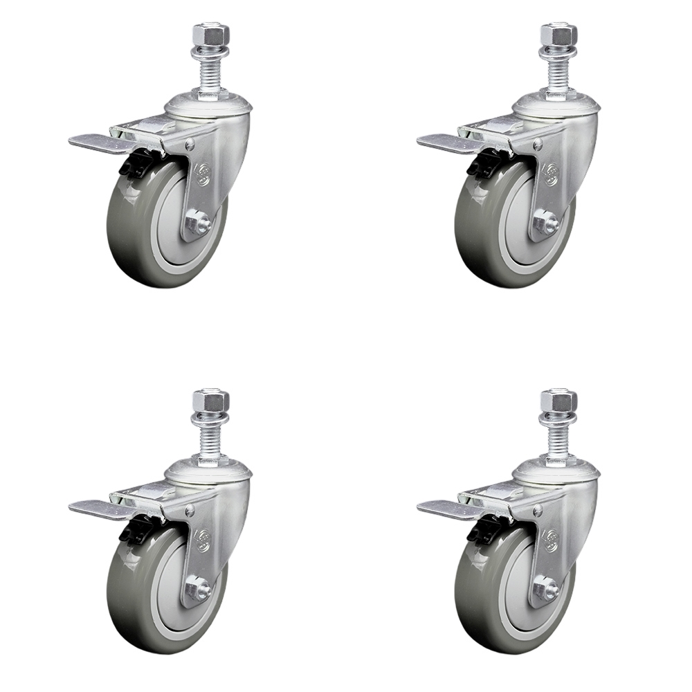 Polyurethane Swivel Threaded Stem Caster Set of 4 w/4" x 1.25" Gray Wheels and 12mm Stems - Includes 4 with Total Lock Brakes - 1400 lbs Total Capacity - Service Caster Brand — photo 1