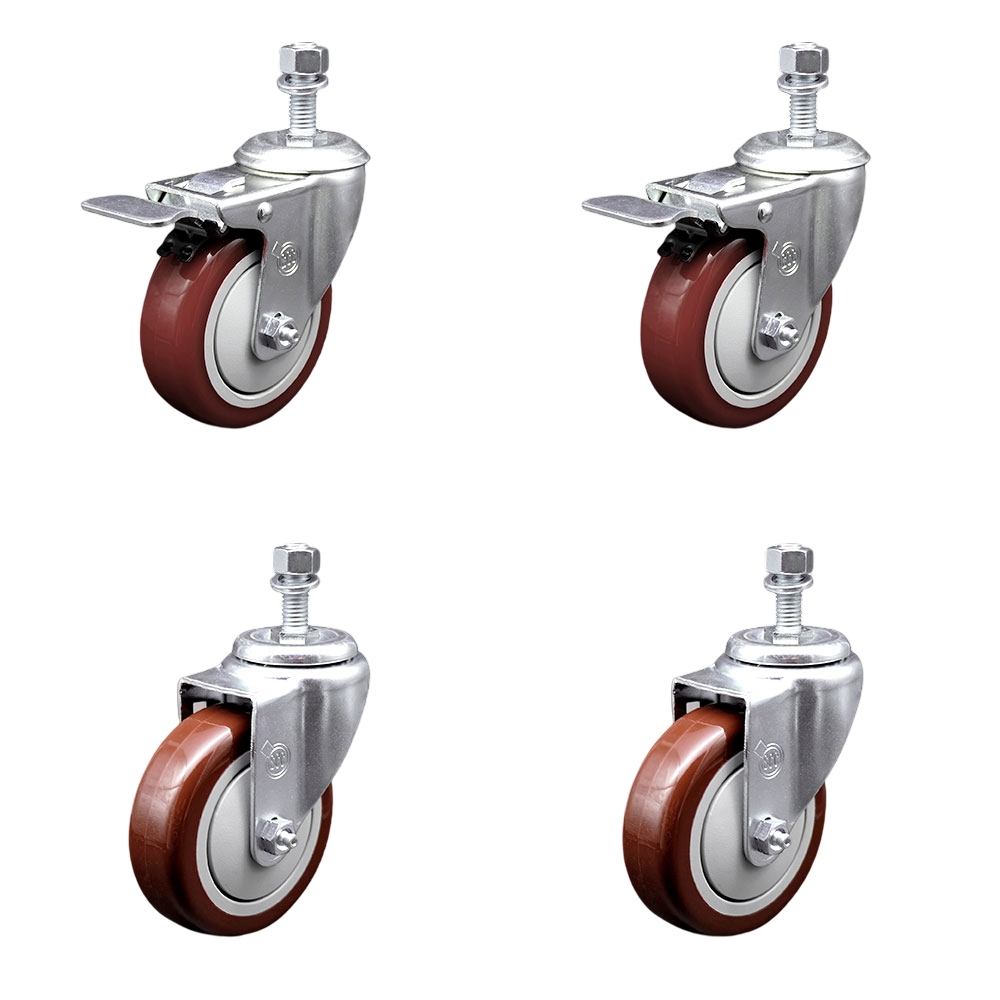 Service Caster Brand Replacement Set for Chief Casters PAC770 - Swivel Threaded Stem Casters with 4 Inch Maroon Poly Wheels and 1/2" Stems - Includes 2 with Total Locking Brake-Fits Chief Mobile Carts — photo 1