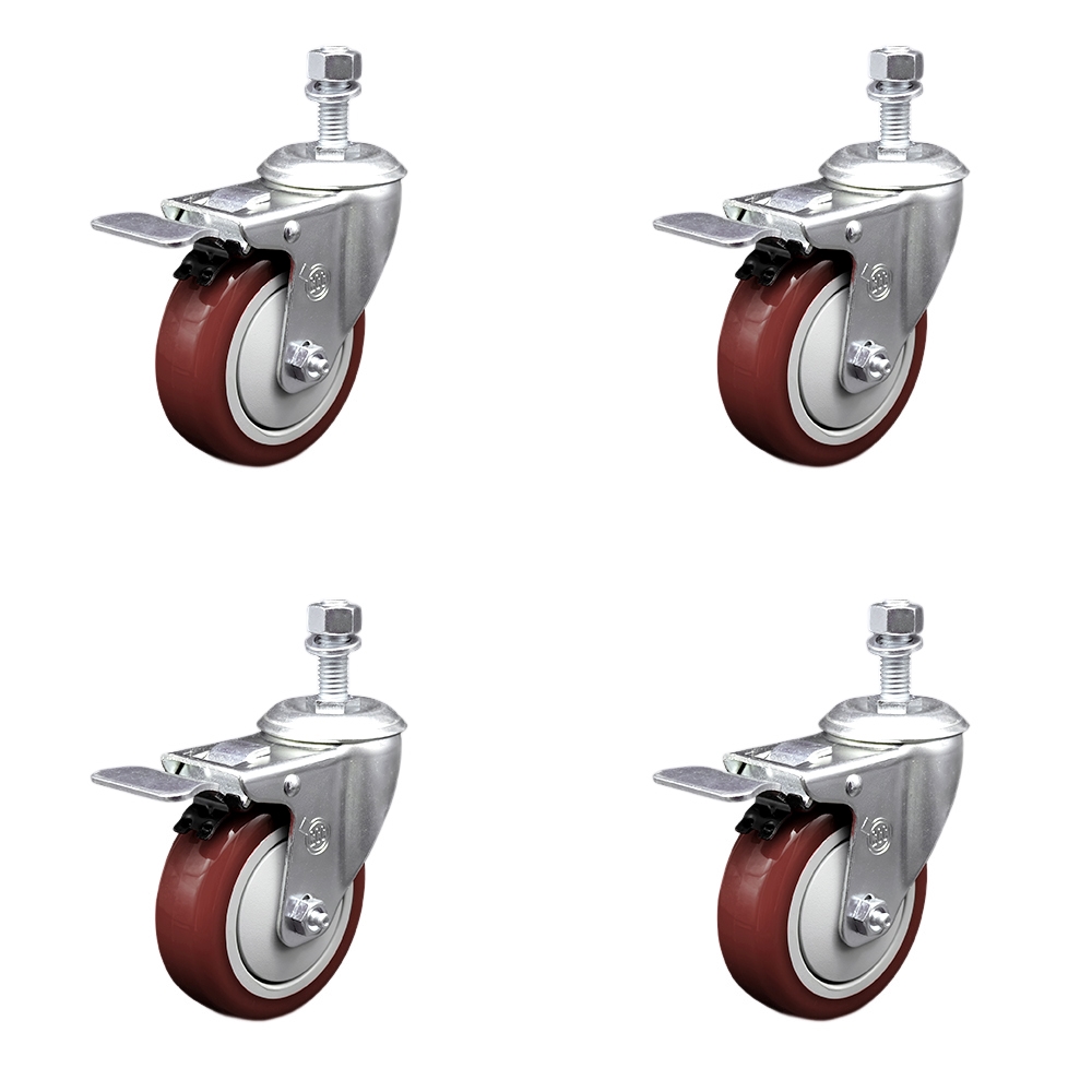 Service Caster Brand Replacement Set for Eaton Tripp Casters DMCCASTER - Swivel Threaded Stem Casters with 4 Inch Maroon Polyurethane Wheels and 1/2" Stems - Includes 4 with Total Lock Brakes — photo 1