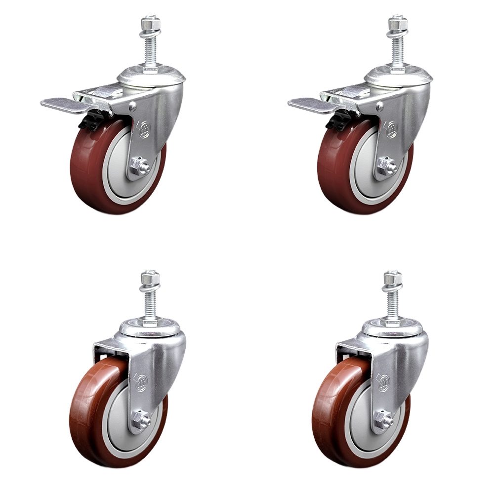 Polyurethane Swivel Threaded Stem Caster Set of 4 w/4" x 1.25"  Maroon Wheels and 3/8" Stems - Includes 2 with Total Locking Brake - 1400 lbs Total Capacity - Service Caster Brand — photo 1