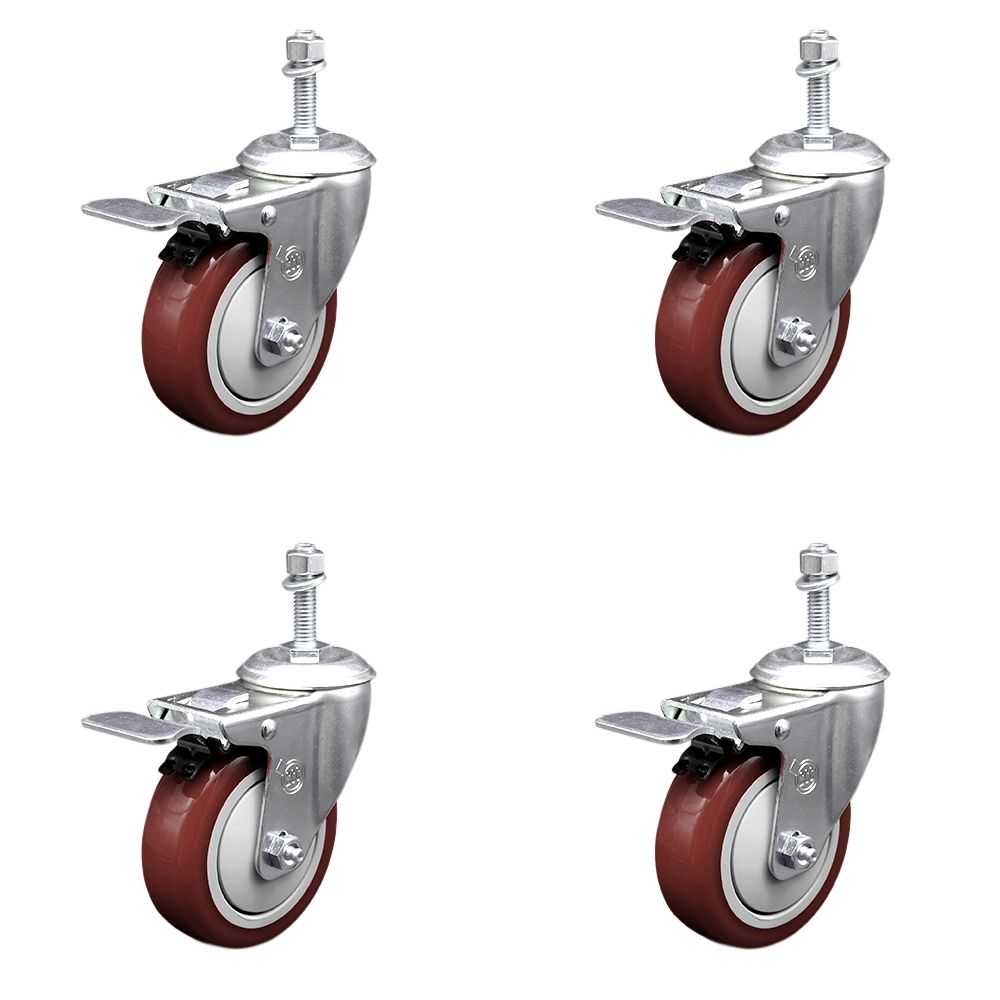 Polyurethane Swivel Threaded Stem Caster Set of 4 w/4" x 1.25" Maroon Wheels and 3/8" Stems - Includes 4 with Total Lock Brakes - 1400 lbs Total Capacity - Service Caster Brand — photo 1