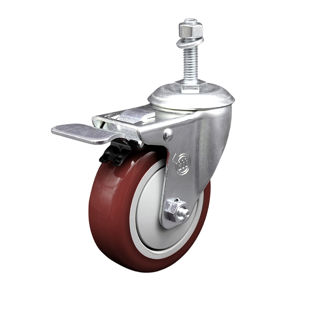 Polyurethane Swivel Threaded Stem Caster w/4" x 1.25"  Maroon Wheel and 3/8" Stem & Total Locking Brake - 350 lbs Capacity/Caster - Service Caster Brand — photo 1