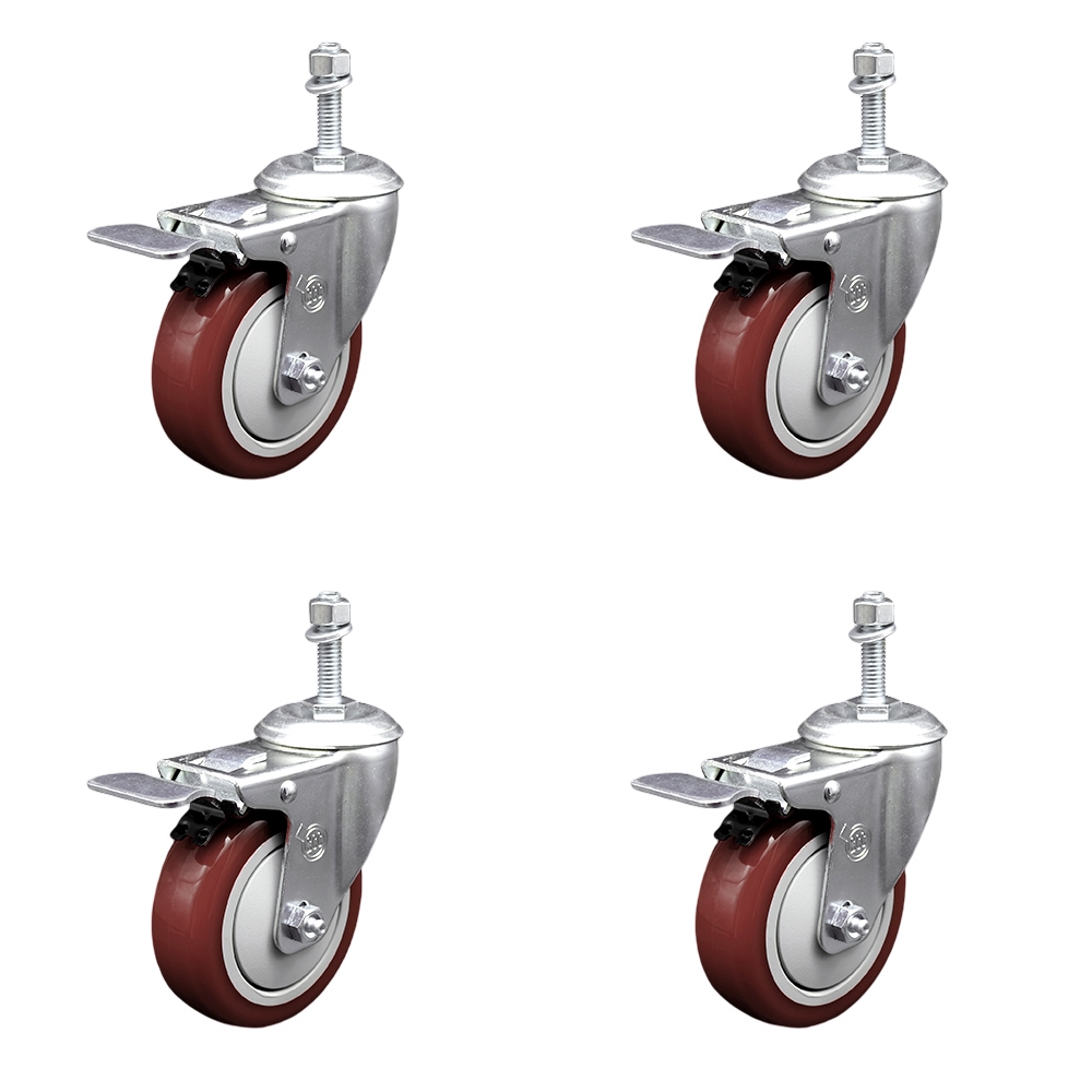 Polyurethane Swivel Threaded Stem Caster Set of 4 w/4" x 1.25" Maroon Wheels and 10mm Stems - Includes 4 with Total Lock Brakes - 1400 lbs Total Capacity - Service Caster Brand — photo 1