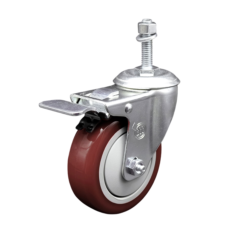 Polyurethane Swivel Threaded Stem Caster w/4" x 1.25"  Maroon Wheel and 10mm Stem & Total Locking Brake - 350 lbs Capacity/Caster - Service Caster Brand — photo 1
