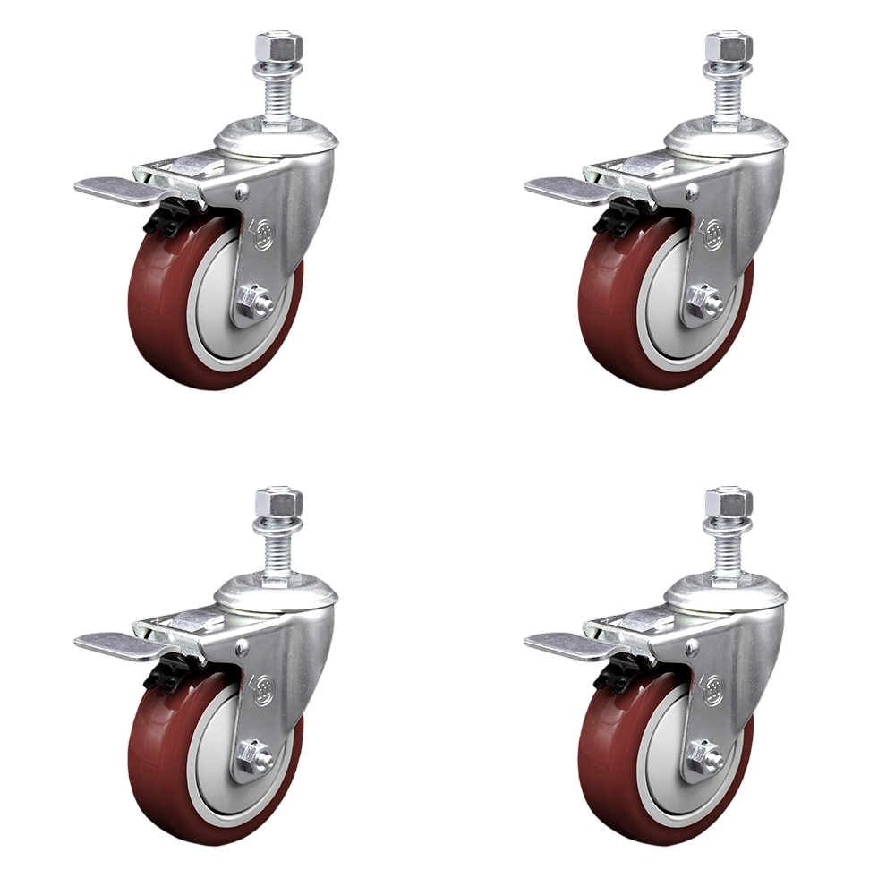 Polyurethane Swivel Threaded Stem Caster Set of 4 w/4" x 1.25" Maroon Wheels and 12mm Stems - Includes 4 with Total Lock Brakes - 1400 lbs Total Capacity - Service Caster Brand — photo 1