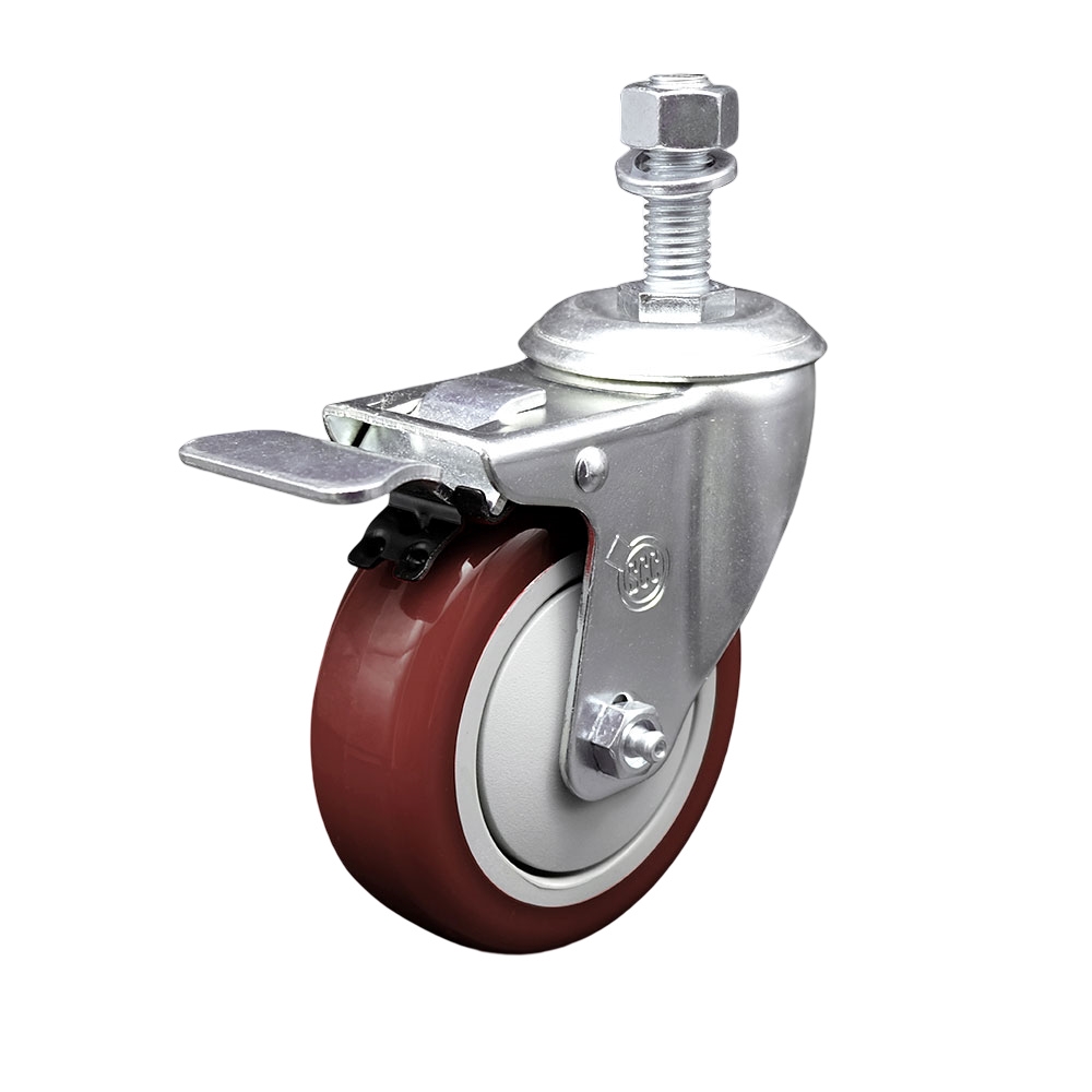 Polyurethane Swivel Threaded Stem Caster w/4" x 1.25" Maroon Wheel and 12mm Stem & Total Locking Brake - 350 lbs Capacity/Caster - Service Caster Brand — photo 1