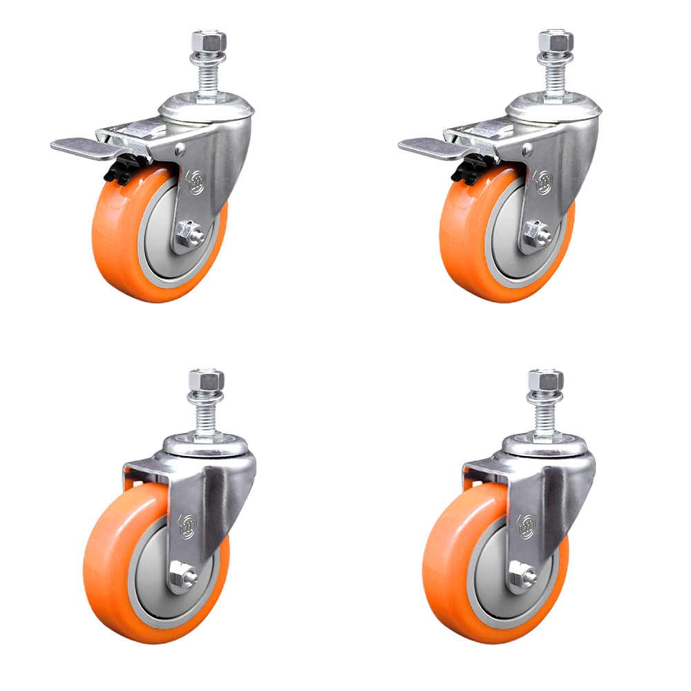 Service Caster Brand Replacement Set for Chief Casters PAC770 - Swivel Threaded Stem Casters with 4 Inch Orange Poly Wheels and 1/2" Stems - Includes 2 with Total Locking Brake-Fits Chief Mobile Carts — photo 1