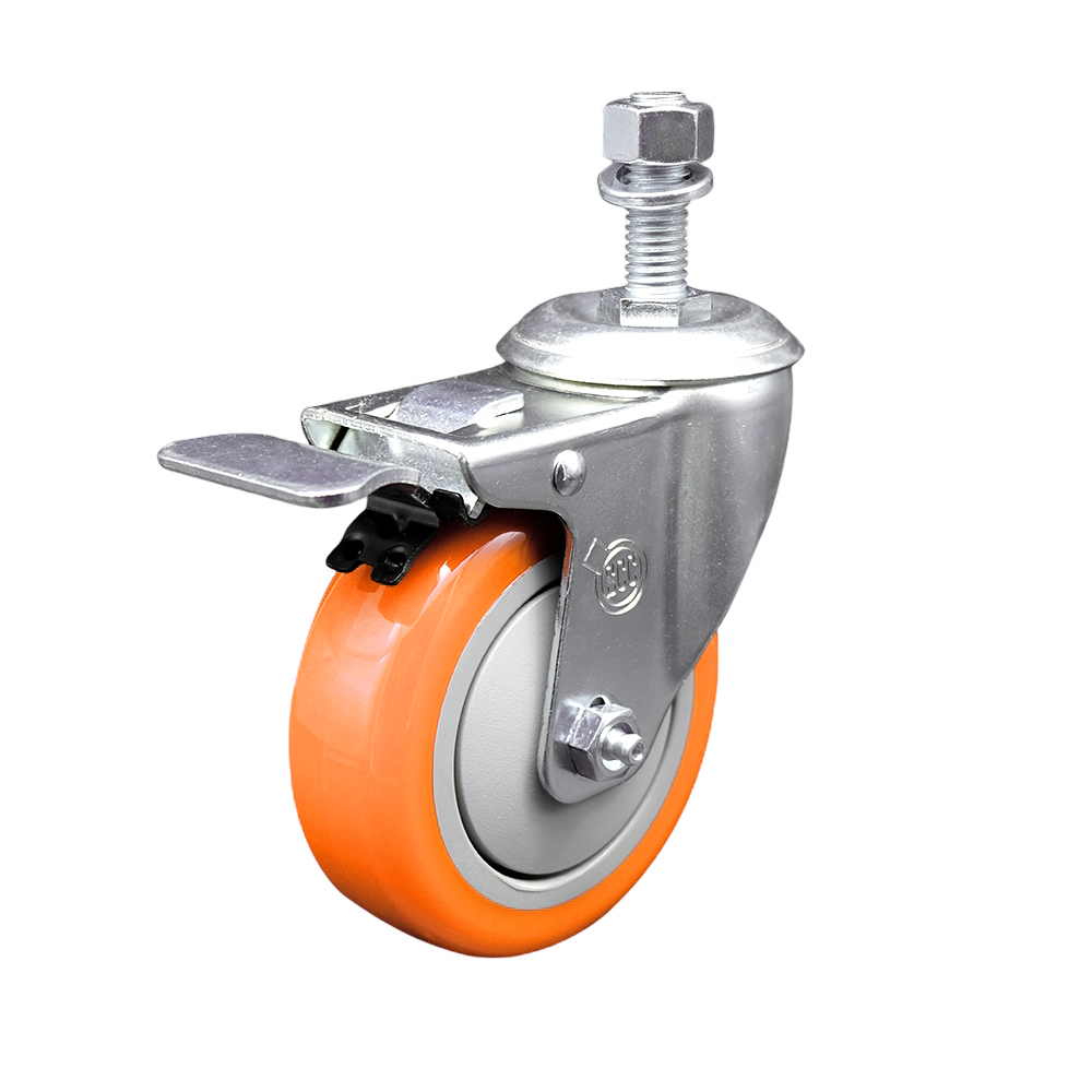 Polyurethane Swivel Stem Caster with 4 Inch Orange Caster Wheel and Total Lock Brake - 1/2" Threaded Stem - 316 Stainless Steel Caster - 350 lbs. Capacity Per Caster - Service Caster Brand — photo 1