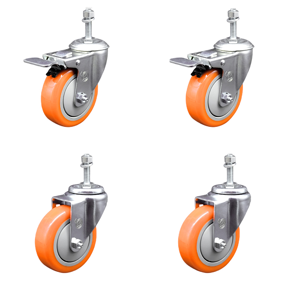 Polyurethane Swivel Threaded Stem Caster Set of 4 w/4" x 1.25" Orange Wheels and 3/8" Stems - Includes 2 with Total Locking Brake - 1400 lbs Total Capacity - Service Caster Brand — photo 1