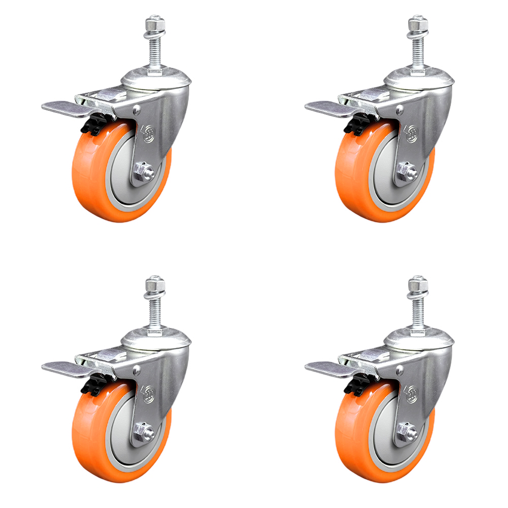 Polyurethane Swivel Stem Caster Set of 4 with 4 Inch Orange Caster Wheels - 3/8" Threaded Stems - 316 Stainless Steel Casters - Includes 4 Swivel Casters with Total Lock Brakes - Service Caster Brand — photo 1