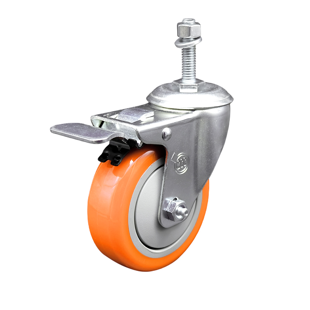 Polyurethane Swivel Stem Caster with 4 Inch Orange Caster Wheel and Total Lock Brake - 3/8" Threaded Stem - 316 Stainless Steel Caster - 350 lbs. Capacity Per Caster - Service Caster Brand — photo 1