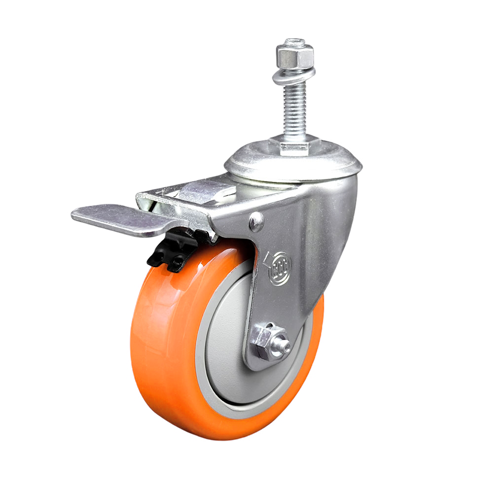 Polyurethane Swivel Stem Caster with 4 Inch Orange Caster Wheel and Total Lock Brake - 10mm Metric Threaded Stem - 316 Stainless Steel Caster - 350 lbs. Capacity Per Caster - Service Caster Brand — photo 1