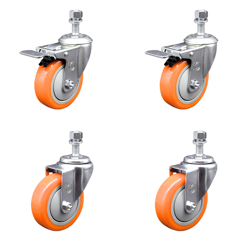 Polyurethane Swivel Threaded Stem Caster Set of 4 w/4" x 1.25" Orange Wheels and 12mm Stems - Includes 2 with Total Locking Brake - 1400 lbs Total Capacity - Service Caster Brand — photo 1