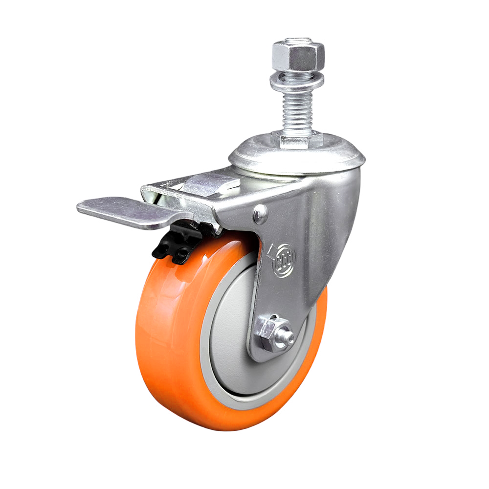 Polyurethane Swivel Stem Caster with 4 Inch Orange Caster Wheel and Total Lock Brake - 12mm Metric Threaded Stem - 316 Stainless Steel Caster - 350 lbs. Capacity Per Caster - Service Caster Brand — photo 1