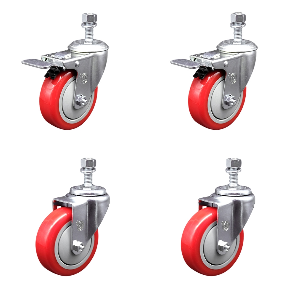Polyurethane Swivel Threaded Stem Caster Set of 4 w/4" x 1.25" Red Wheels and 1/2" Stems - Includes 2 with Total Locking Brake - 1400 lbs Total Capacity - Service Caster Brand — photo 1