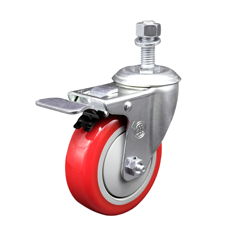 Service Caster Brand Replacement for Colson Caster 2.04254.95 MTG11 BRK5 - Polyurethane Swivel Threaded Stem Caster with 4" Red Wheel and 1/2" x 1" Stem & Total Locking Brake - 350 lbs Capacity/Caster — photo 1