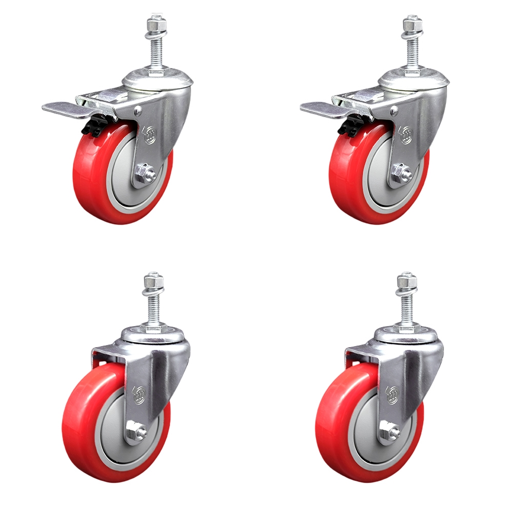 Polyurethane Swivel Threaded Stem Caster Set of 4 w/3" x 1.25" Red Wheels and 3/8" Stems - Includes 2 with Total Locking Brake - 1200 lbs Total Capacity - Service Caster Brand — photo 1