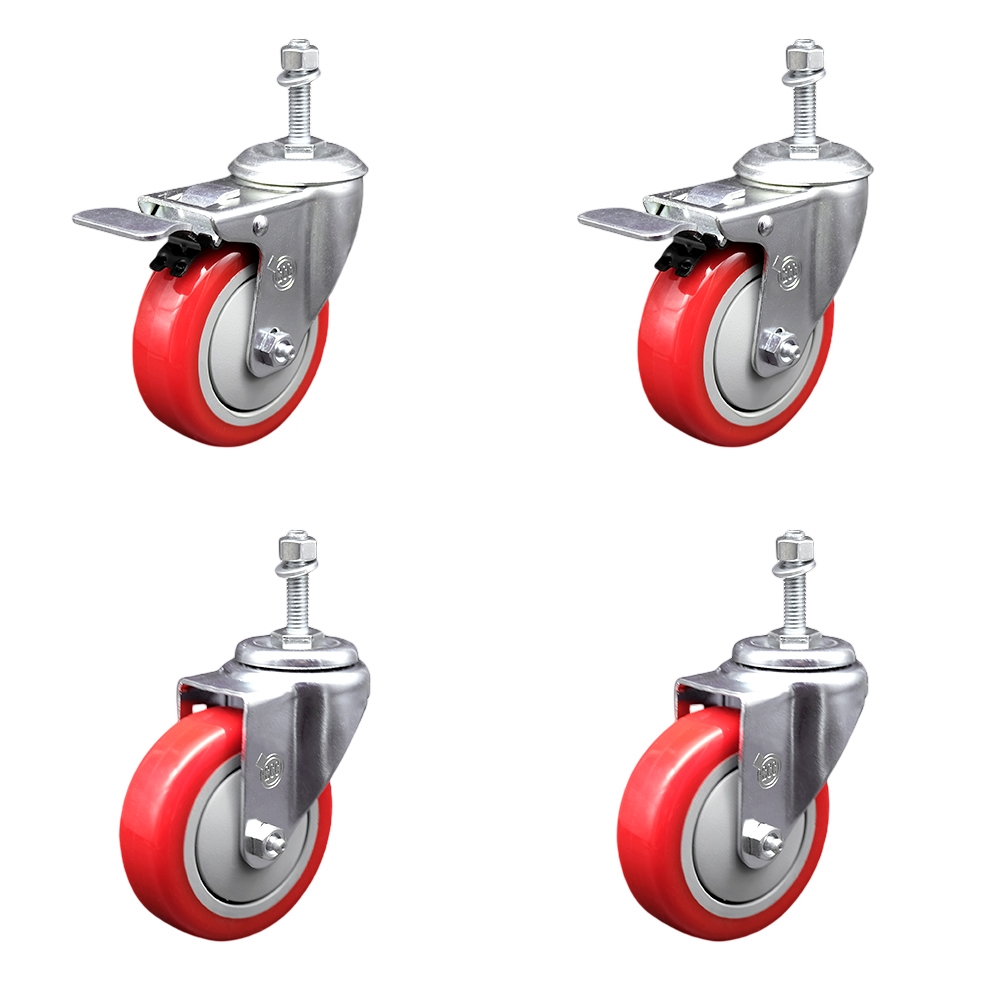 Polyurethane Swivel Threaded Stem Caster Set of 4 w/4" x 1.25" Red Wheels and 10mm Stems - Includes 2 with Total Locking Brake - 1400 lbs Total Capacity - Service Caster Brand — photo 1