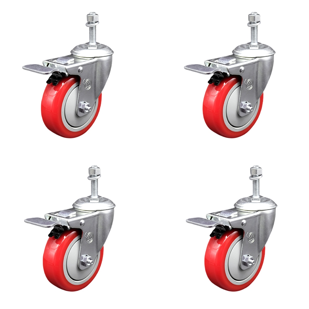 Polyurethane Swivel Threaded Stem Caster Set of 4 w/4" x 1.25" Red Wheels and 10mm Stems - Includes 4 with Total Lock Brakes - 1400 lbs Total Capacity - Service Caster Brand — photo 1