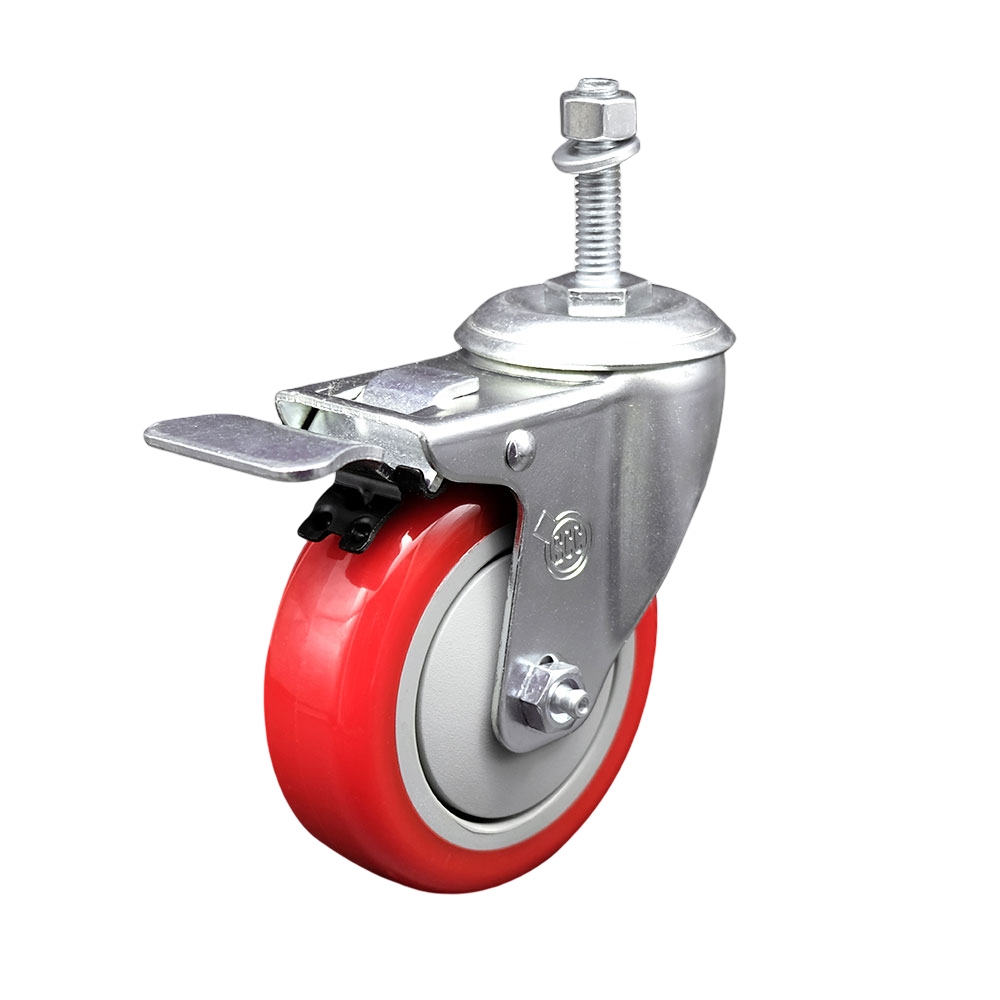 4" Swivel Caster with 10mm Threaded Stem, Red Polyurethane Wheel and Total Lock Brake - 350 lbs. Capacity - Service Caster Brand — photo 1