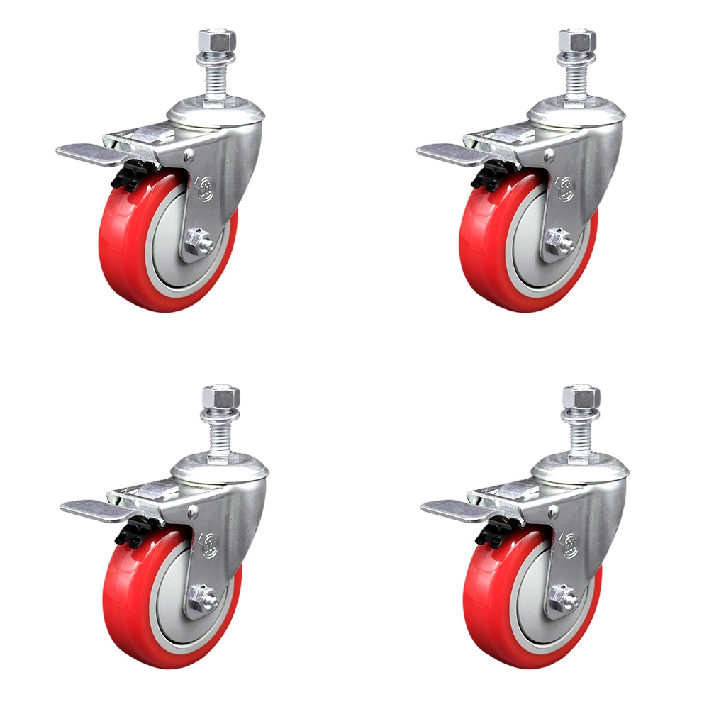 Polyurethane Swivel Threaded Stem Caster Set of 4 w/4" x 1.25" Red Wheels and 12mm Stems - Includes 4 with Total Lock Brakes - 1400 lbs Total Capacity - Service Caster Brand — photo 1