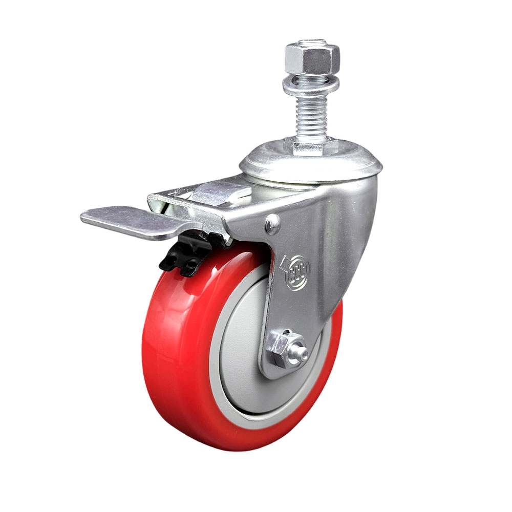 4" Swivel Caster with 12mm Threaded Stem, Red Polyurethane Wheel and Total Lock Brake - 350 lbs. Capacity - Service Caster Brand — photo 1