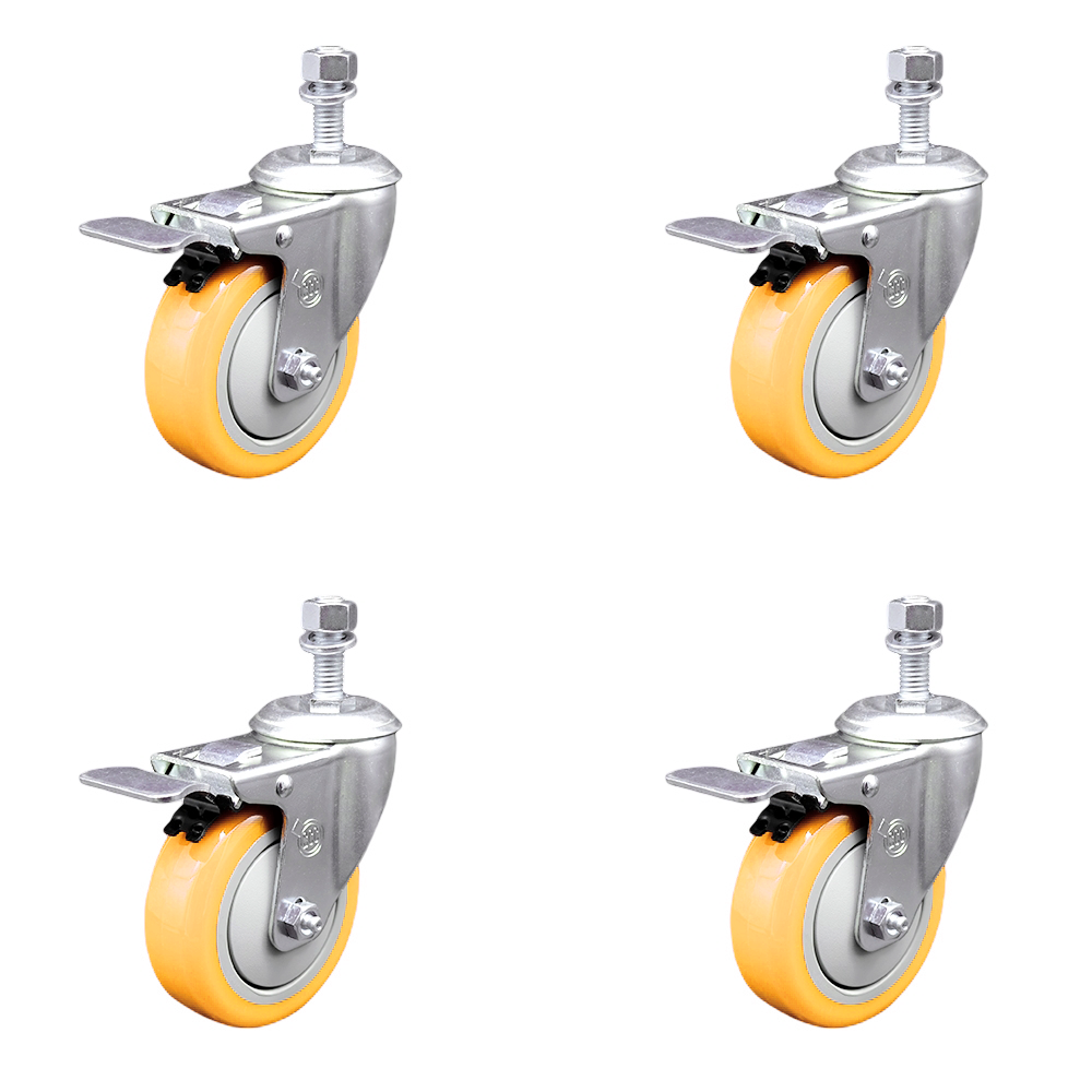 Service Caster Brand Replacement Set for Eaton Tripp Casters DMCCASTER - Swivel Threaded Stem Casters with 4 Inch Yellow Polyurethane Wheels and 1/2" Stems - Includes 4 with Total Lock Brakes — photo 1