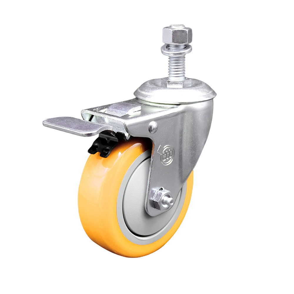 Polyurethane Swivel Stem Caster with 4 Inch Yellow Caster Wheel and Total Lock Brake - 1/2" Threaded Stem - 316 Stainless Steel Caster - 350 lbs. Capacity Per Caster - Service Caster Brand — photo 1