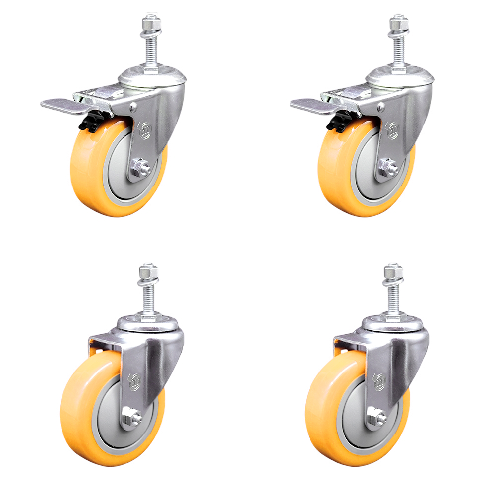 Polyurethane Swivel Threaded Stem Caster Set of 4 w/4" x 1.25" Yellow Wheels and 3/8" Stems - Includes 2 with Total Locking Brake - 1400 lbs Total Capacity - Service Caster Brand — photo 1