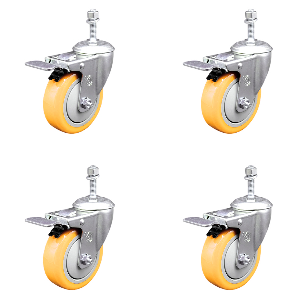 Polyurethane Swivel Stem Caster Set of 4 with 4 Inch Yellow Caster Wheels - 3/8" Threaded Stems - 316 Stainless Steel Casters - Includes 4 Swivel Casters with Total Lock Brakes - Service Caster Brand — photo 1