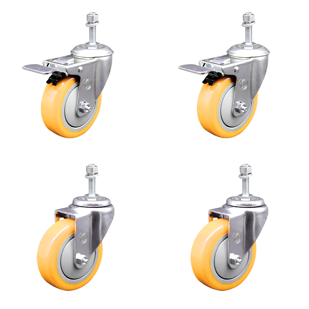 Polyurethane Swivel Threaded Stem Caster Set of 4 w/4" x 1.25" Yellow Wheels and 10mm Stems - Includes 2 with Total Locking Brake - 1400 lbs Total Capacity - Service Caster Brand — photo 1
