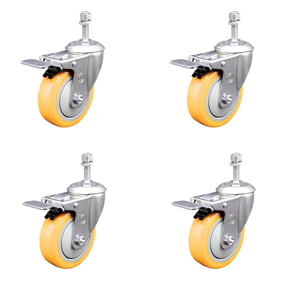 Polyurethane Swivel Stem Caster Set of 4 with 4 Inch Yellow Caster Wheels - 10mm Metric Threaded Stems-316 Stainless Steel Casters-Includes 4 Swivel Casters with Total Lock Brakes-Service Caster Brand — photo 1