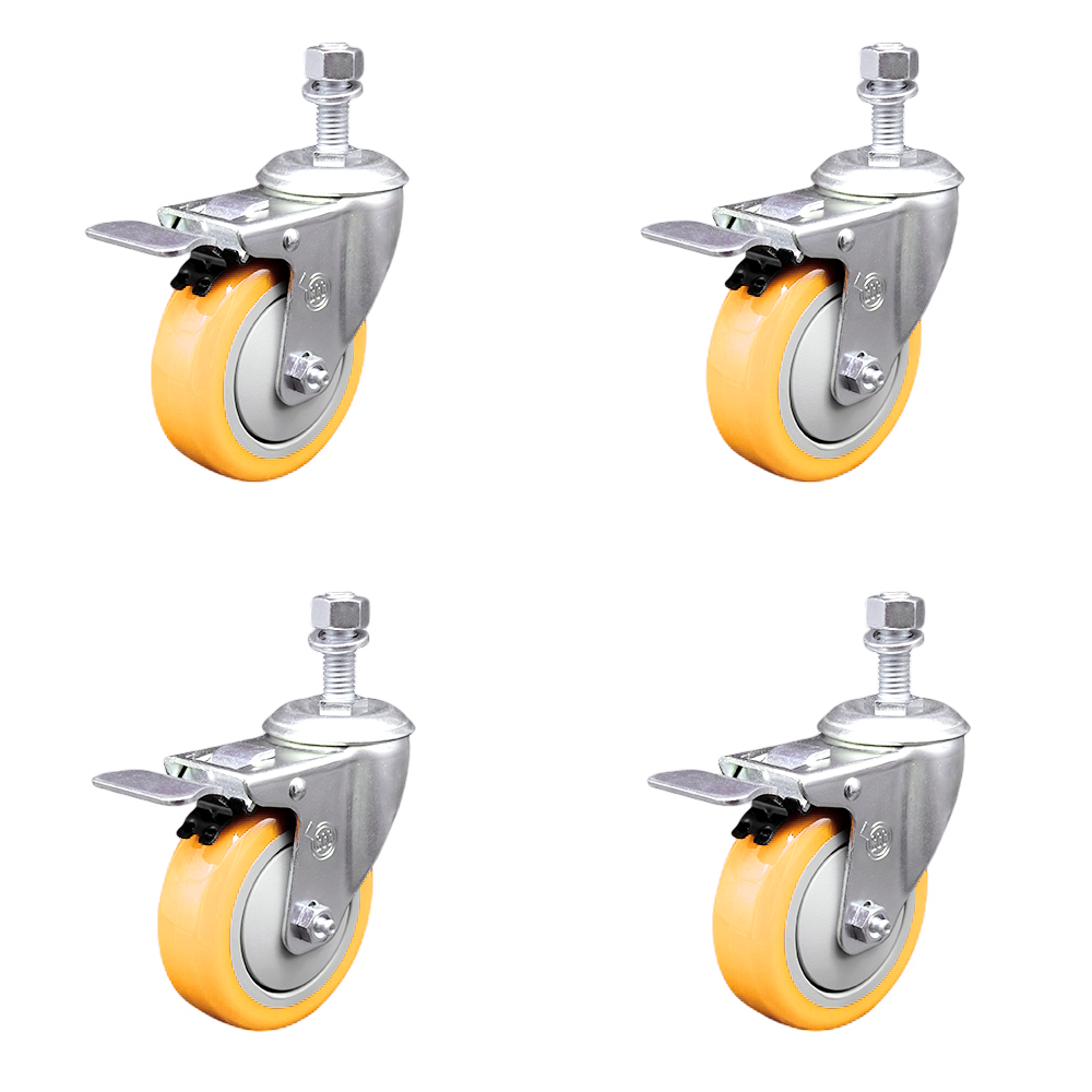 Polyurethane Swivel Threaded Stem Caster Set of 4 w/4" x 1.25" Yellow Wheels and 12mm Stems - Includes 4 with Total Lock Brakes - 1400 lbs Total Capacity - Service Caster Brand — photo 1