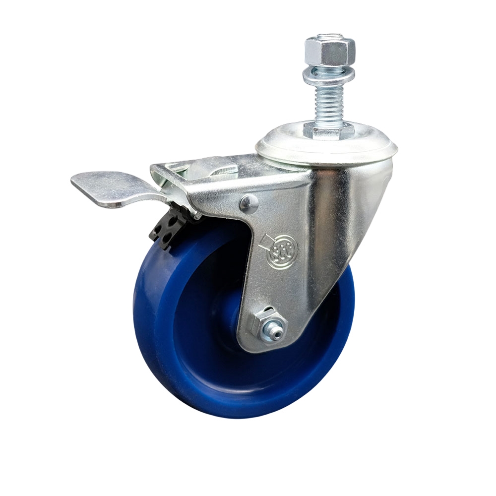 4" Swivel Caster with 1/2" Threaded Stem, Blue Solid Polyurethane Wheel and Total Lock Brake -300 lbs. Capacity - Service Caster Brand — photo 1