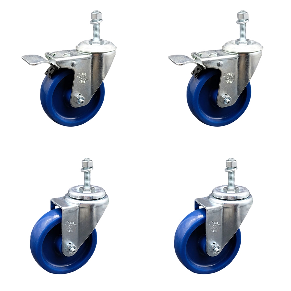 Solid Polyurethane Swivel Threaded Stem Caster Set of 4 w/4" x 1.25" Blue Wheels and 3/8" Stems - Includes 2 with Total Locking Brake - 1200 lbs Total Capacity - Service Caster Brand — photo 1