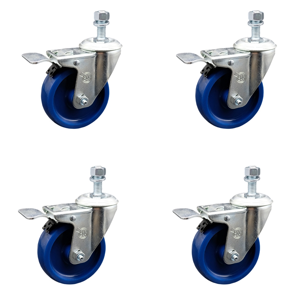 Solid Polyurethane Swivel Threaded Stem Caster Set of 4 w/4" x 1.25" Blue Wheels and 3/8" Stems - Includes 4 with Total Lock Brakes - 1200 lbs Total Capacity - Service Caster Brand — photo 1