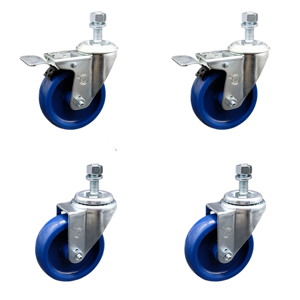 Solid Polyurethane Swivel Threaded Stem Caster Set of 4 w/4" x 1.25" Blue Wheels and 12MM Metric Stems - Includes 2 with Total Locking Brake - 1200 lbs Total Capacity - Service Caster Brand — photo 1