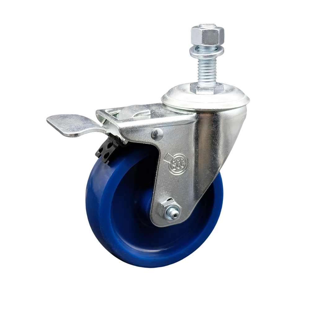 Solid Polyurethane Swivel Threaded Stem Caster w/4" x 1.25" Blue Wheel and 12MM Metric Stem & Total Locking Brake - 300 lbs Capacity/Caster - Service Caster Brand — photo 1