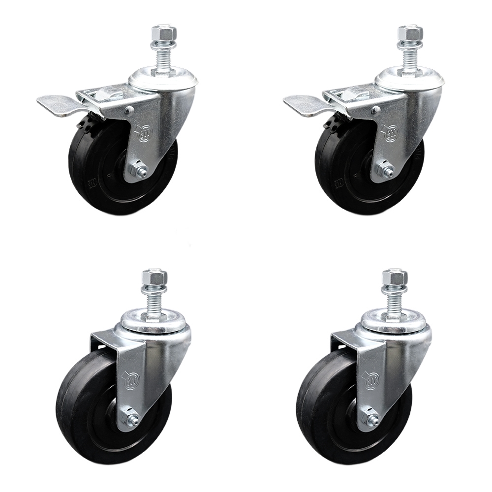 Soft Rubber Swivel Threaded Stem Caster Set of 4 w/4" x 1.25" Black Wheels and 1/2" Stems - Includes 2 with Total Locking Brake - 800 lbs Total Capacity - Service Caster Brand — photo 1