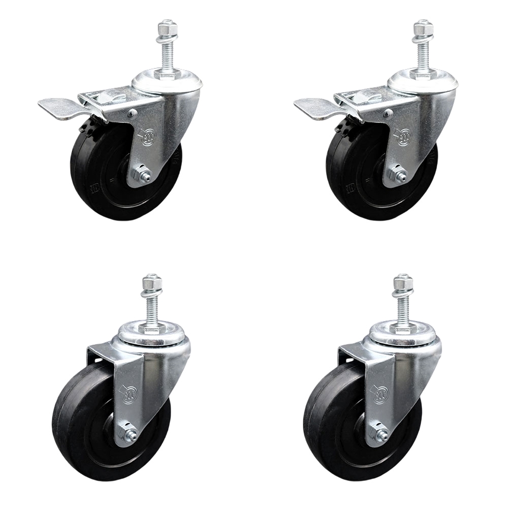 Soft Rubber Swivel Threaded Stem Caster Set of 4 w/4" x 1.25" Black Wheels and 3/8" Stems - Includes 2 with Total Locking Brake - 800 lbs Total Capacity - Service Caster Brand — photo 1