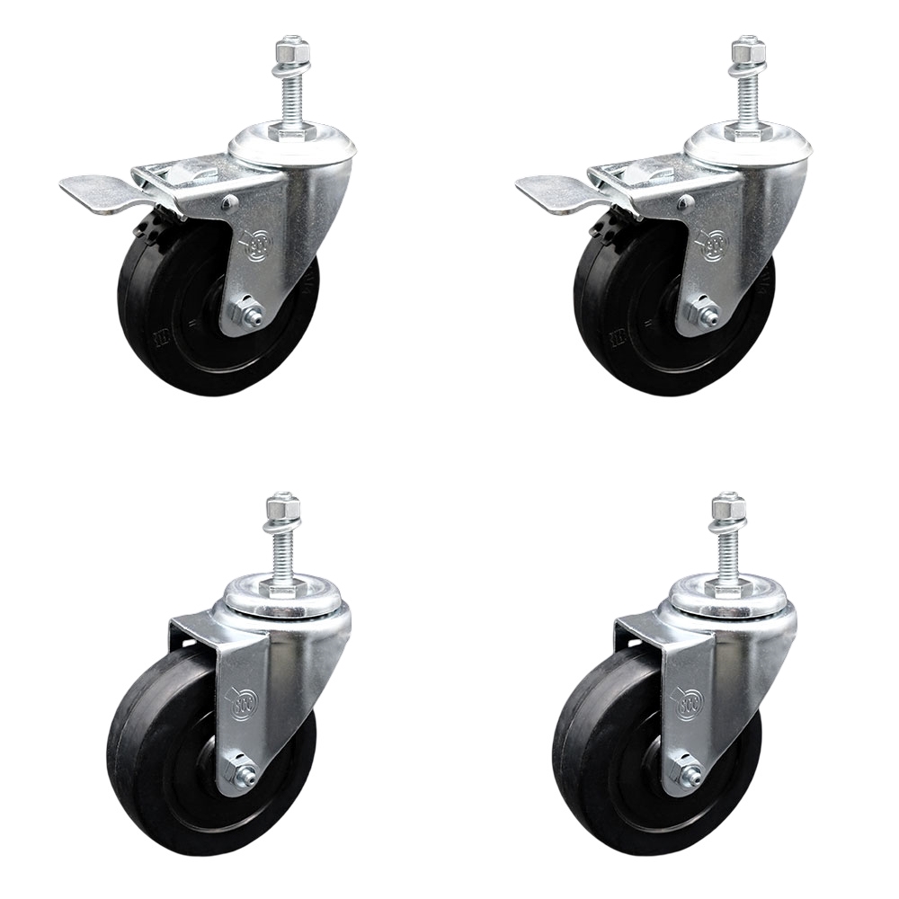 Soft Rubber Swivel Threaded Stem Caster Set of 4 w/4" x 1.25" Black Wheels and 10MM Metric Stems - Includes 2 with Total Locking Brake - 800 lbs Total Capacity - Service Caster Brand — photo 1
